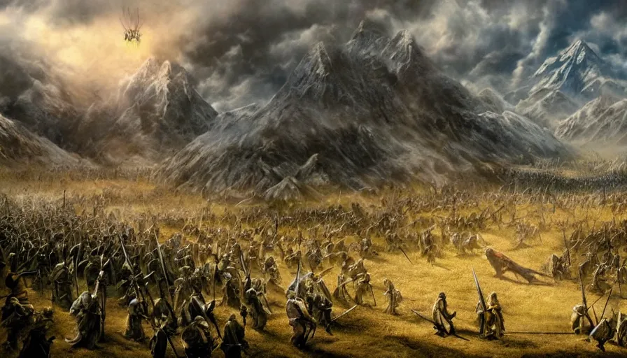 Image similar to matte painting of a huge lord of the rings battlefield