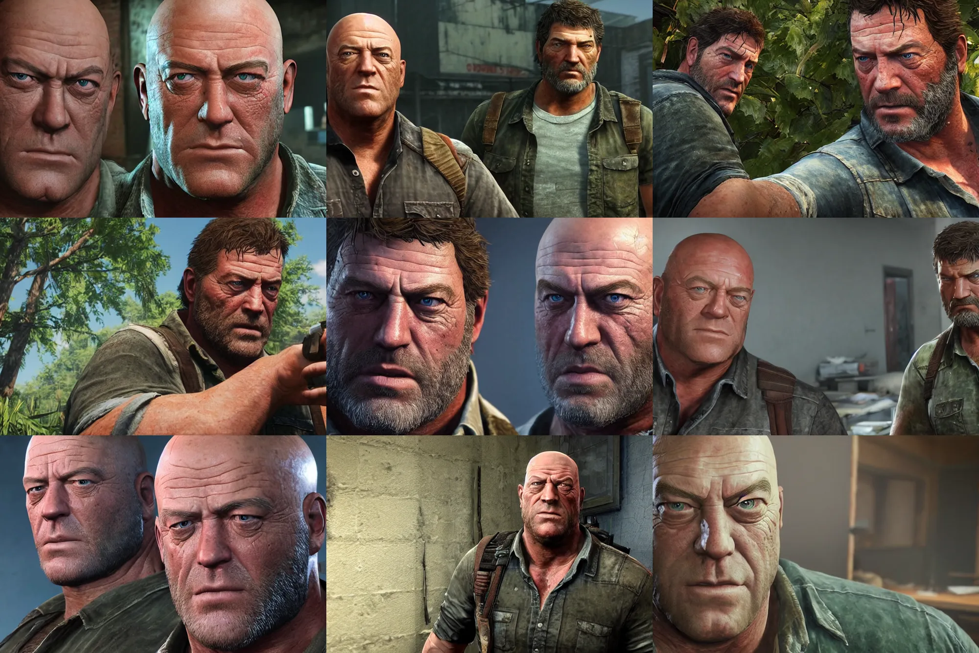 Prompt: a screenshot of dean norris in the video game the last of us. 3 d rendering. unreal engine. amazing likeness. very detailed. cartoon caricature.