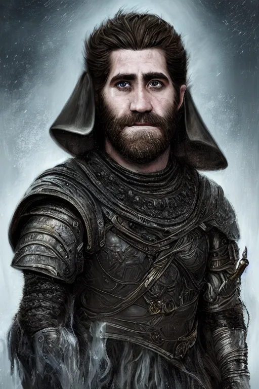 Prompt: Face portrait of Jake Gyllenhaal, D&D, magical, medieval fantasy, cinematic, highly detailed, 8k, trending on artstation by H.R. Giger