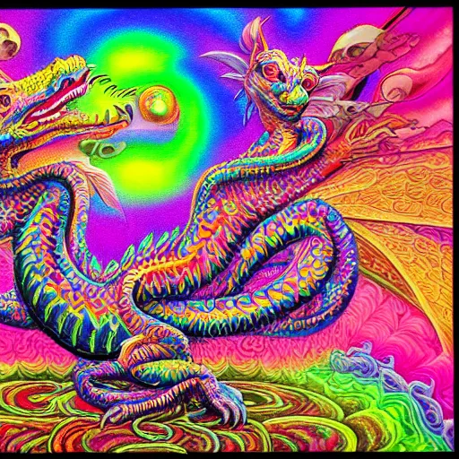 Image similar to a painting of a dragon with a psychedelic look, a detailed painting by lisa frank and alex grey, reddit contest winner, psychedelic art, detailed painting, psychedelic, ( ( pointilism ) ), made of crystals