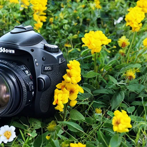 Prompt: dslr camera constructed from flowers