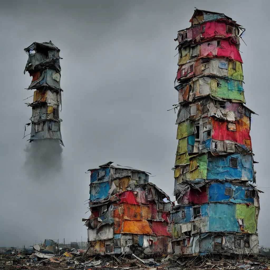 Prompt: close - up view of a tower made up of colourful makeshift squatter shacks with bleached colours, moody cloudy sky, dystopia, mamiya, f 1. 8, very detailed, photographed by bruno barbey