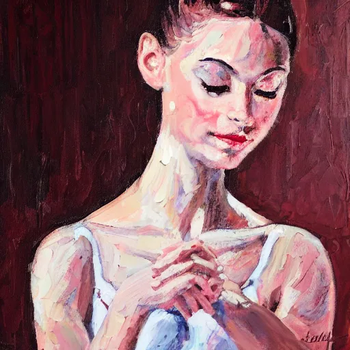 Image similar to portrait of a ballerina, impasto paint, 8 k, cinematic light, shadows, reflection highlights in the paint,