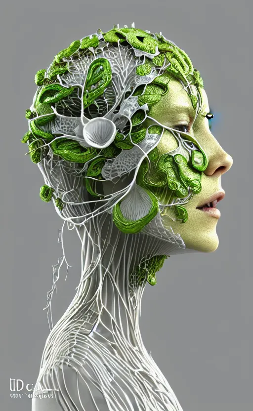 Image similar to complex 3d render ultra detailed of a beautiful porcelain profile woman face, vegetal dragon cyborg, 150 mm, beautiful natural soft light, rim light, silver gold details, magnolia lime green leaves and stems, roots, fine lace, maze like, mandelbot fractal, anatomical, facial muscles, cable wires, microchip, elegant, white metallic armour, octane render, black and white, H.R. Giger style