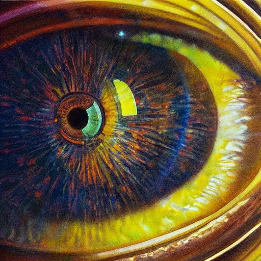 Image similar to a highly detailed photorealistic painting of a human eye reflecting outer space