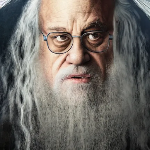 Image similar to portrait of danny devito as gandalf the white, lord of the rings, full body, hyper realistic, high quality, wide angle, always sunny in philadelphia