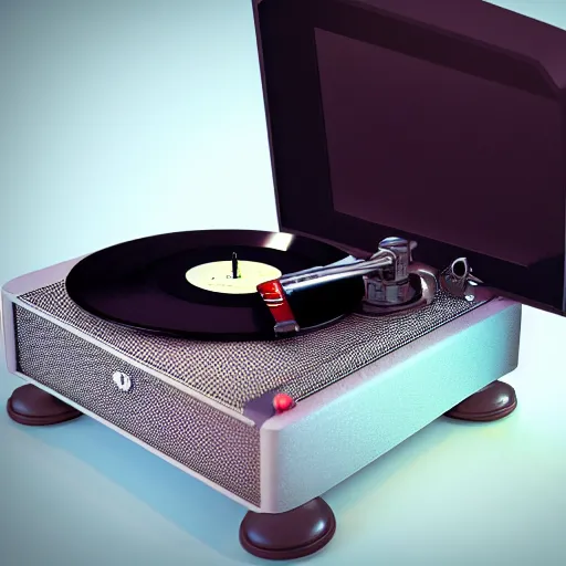 Prompt: vinyl player with kiwi record, octane render, unreal render, hyperrealistic textures