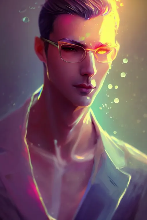 Image similar to character design, a slender, fair - skinned, elegantly dressed man with watery eyes, blurred environment background, colorful magic effects, white skin, portrait, male, clothed, sharp focus, digital art, concept art, trending on artstation, dynamic lighting, by emylie boivin and rossdraws