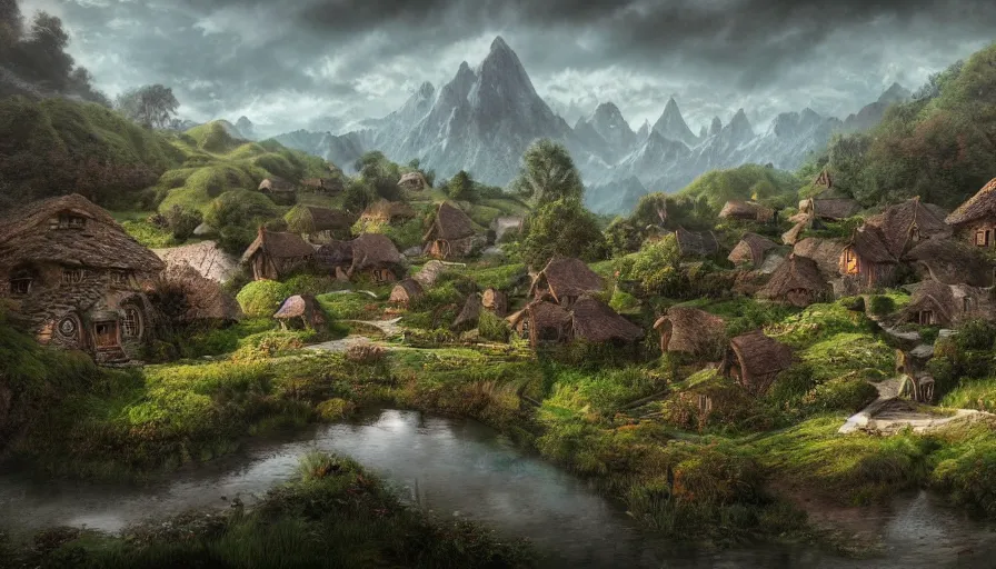 Image similar to matte painting of a beautiful hobbit village, digital art, trending on artstation