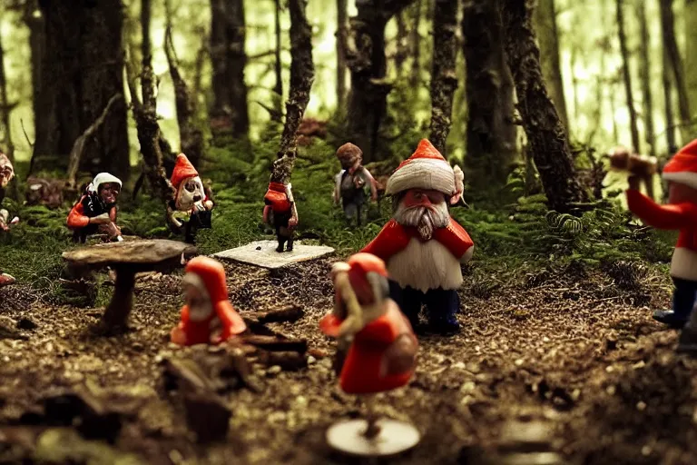 Image similar to movie scene portrait closeup, real life team of tiny gnome people building a tiny house in the forest natural lighting by emmanuel lubezki