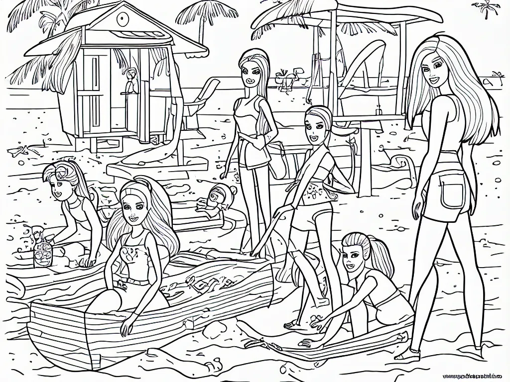 Image similar to coloring book page of Barbie and Skipper playing at the beach