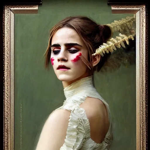 Prompt: blindfolded very thick paint brush strokes paint texture full body fashion model emma watson by Jeremy Lipking by Hasui Kawase by Richard Schmid (((smokey eyes makeup eye shadow fantasy, glow, shimmer as victorian woman in a long white frilly lace dress and a large white hat having tea in a sunroom filled with flowers, roses and lush fern flowers ,intricate, night, highly detailed, dramatic lighting))) , high quality