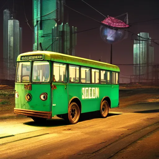 Prompt: an old shabby green trolleybus stands at a stop on the other planet, headlights shine with neon light, in the background in the distance the earth, atmospheric, futuristic, cyberpunk, 8 k resolution, ultra detailed