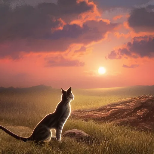 Image similar to cinematic shot of a stray cat who is brown standing on a hill looking to the horizon sunset stars digital painting, artstation, concept art, soft light, hdri, smooth, sharp focus, illustration, fantasy, intricate, elegant, highly detailed, D&D, matte painting, in the style of Greg Rutkowski and Alphonse Mucha and artemisia, 8k, highly detailed, jurgens, rutkowski, bouguereau, pastoral, rustic, georgic