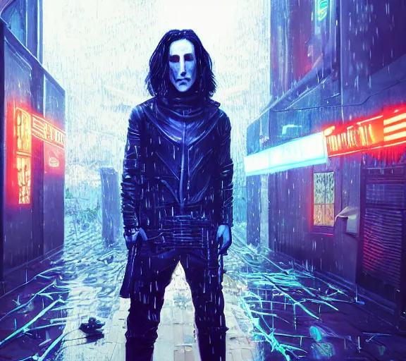 Prompt: an epic fantasy comic book style full body portrait painting of a very beautiful synthwave cyberpunk industrial goth trent reznor as snape in the rain, neon reflections in the rain puddles, character design by mark ryden and pixar and hayao miyazaki, unreal 5, daz, hyperrealistic, octane render, cosplay, rpg portrait, dynamic lighting, intricate detail, cinematic