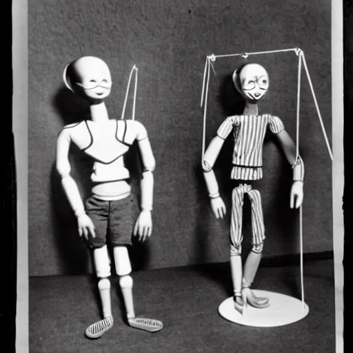 Prompt: 1 9 5 0 s children marionette toys comming to life, scary, fear, horror, thriller, cinematic still, jump scare, pov, wide shot, polaroid,