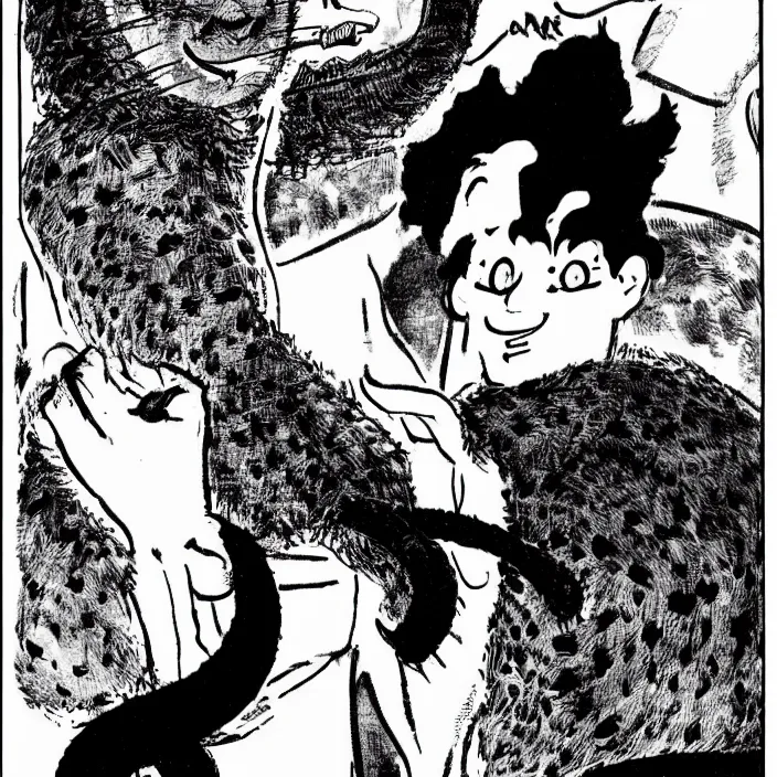 Prompt: a still frame from comic strip, black fluffy hairy snake 1 9 5 0, herluf bidstrup, new yorker illustration, monochrome contrast bw, lineart, manga, tadanori yokoo, simplified,