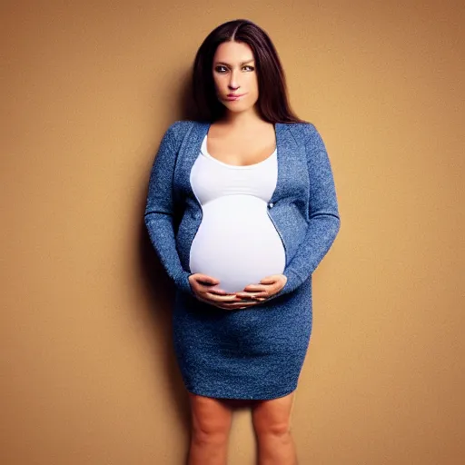 Image similar to beautiful girl with biggest pregnancy ever, full body view, symmetrical face, volumetric lighting, realistic