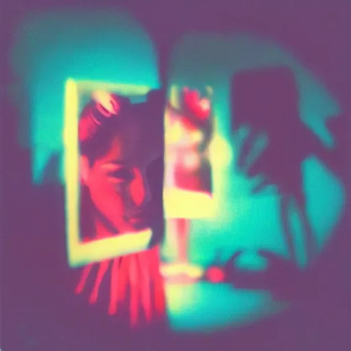 Image similar to polaroid of a dream, reflection, double exposure, glitch, red cyan lighting