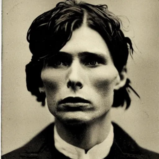 Prompt: headshot edwardian photograph of cillian murphy, 1 9 2 0 s, gang member, intimidating, tough, realistic face, 1 9 1 0 s photography, 1 9 0 0 s, grainy, victorian