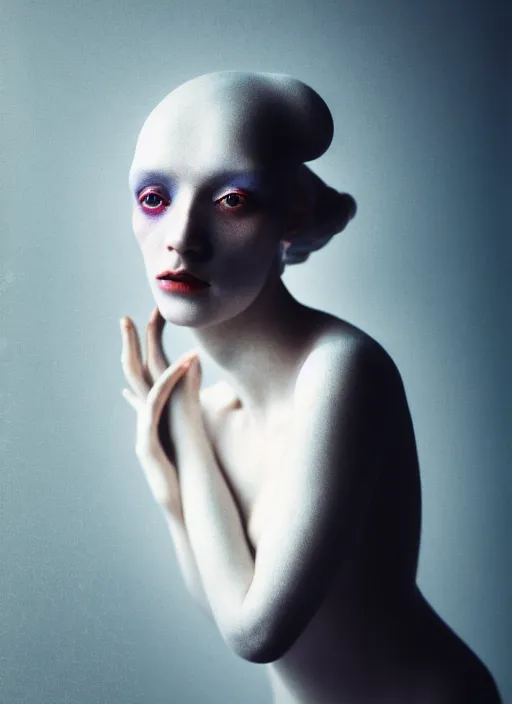 Image similar to cinestill 5 0 d photo portrait of a beautiful hybrid with woman face in style of paolo roversi by roberto ferri, weird marble body, white hair floating in air, 1 5 0 mm lens, f 1. 2, ethereal, emotionally evoking, head in focus, bokeh, volumetric lighting, matt colors outdoor