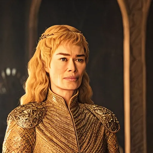 Image similar to cersei lannister emerging from geen wildfire