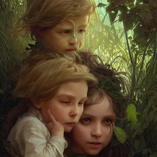 Image similar to portrait painting of green children of woolpit, ultra realistic, concept art, intricate details, eerie, highly detailed, photorealistic, octane render, 8 k, unreal engine. art by artgerm and greg rutkowski and alphonse mucha