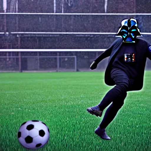Image similar to a game of soccer with darth vader kicking the ball, highly detailed, extremely high quality, hd, 4 k, 8 k, canon 3 0 0 mm, professional photographer, 4 0 mp, lifelike, top - rated, award winning, realistic, detailed lighting, detailed shadows, sharp, no blur, edited, corrected, trending