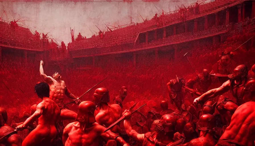 Prompt: only with red, bloody gladiator battle in a crowded roman amphitheatre, crowd cheering, in the style of beksinski and edward hopper and rodcenko and yue minjun and greg rutkowski, intricate and epic composition, red by caravaggio, highly detailed, masterpiece, red light, artstation, art nouveau