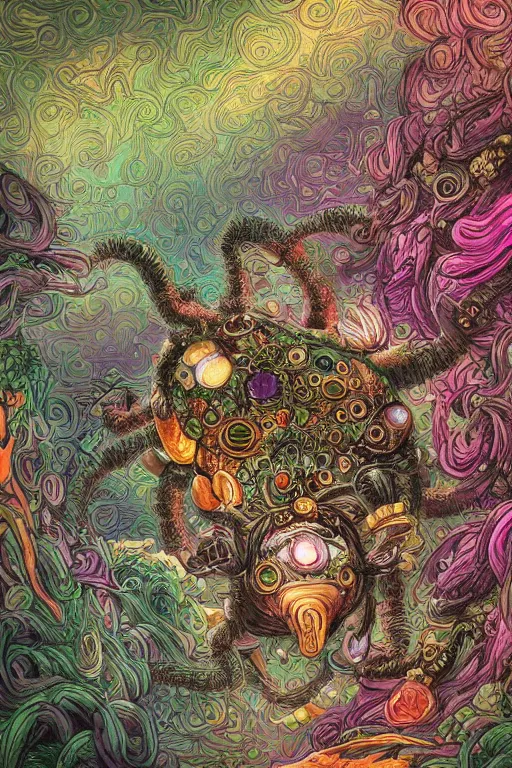 Image similar to creature sushi roots cactus elemental flush of force nature micro world fluo light deepdream a wild amazing steampunk baroque ancient alien creature, intricate detail, colorful digital painting that looks like it is from borderlands and by feng zhu and loish and laurie greasley, victo ngai, andreas rocha, john harris