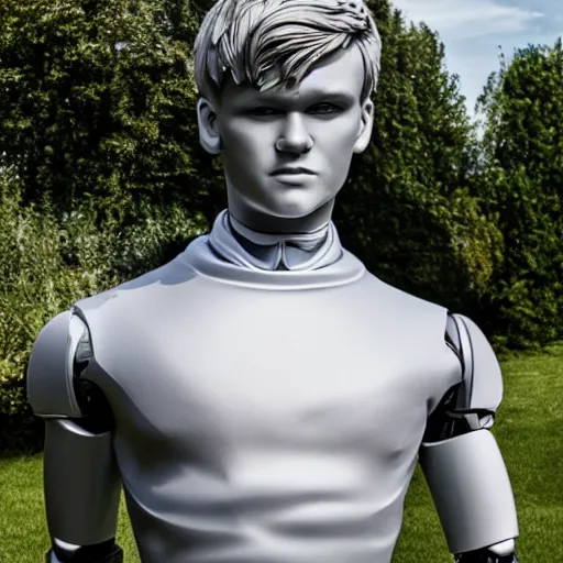 Image similar to a realistic detailed photo of a guy who is an attractive humanoid who is half robot and half humanoid, who is a male android, soccer player martin ødegaard, shiny skin, posing like a statue, blank stare, by the pool, on display, showing off his muscles, humanoid robot, frozen ice statue