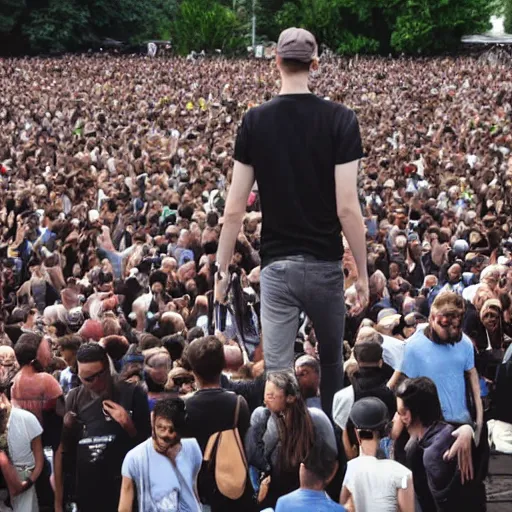 Prompt: a 7 foot tall man walking among the crowd
