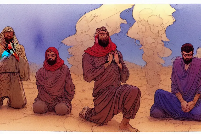 Image similar to a hyperrealist watercolour character concept art portrait of a group of middle eastern men kneeling down in prayer in front of a giant red haired android on a misty night in the desert. by rebecca guay, michael kaluta, charles vess and jean moebius giraud