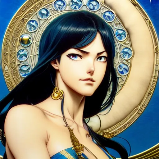 Image similar to highly detailed vfx portrait of nico robin by eiichiro oda!, makoto shinkai, alphonse mucha, msterpriece, art by artgerm and greg rutkowski!, blue eyes!!, large aquiline nose!!, gaston bussiere, stanley kubrick, kaoru mori, intricately detailed, behance, 4 k, hdr