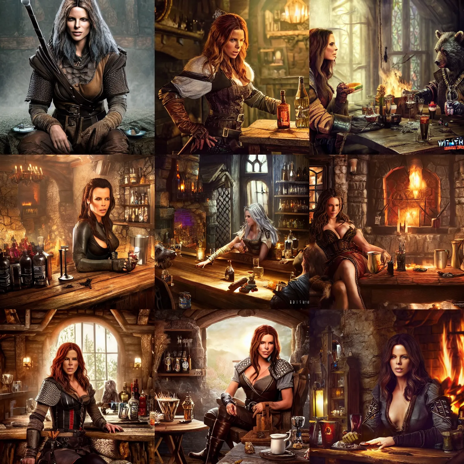 Prompt: kate beckinsale as witcher, sit in fantasy tavern near fireplace, behind bar deck with bear mugs, medieval dnd, colorfull digital fantasy art, 4k