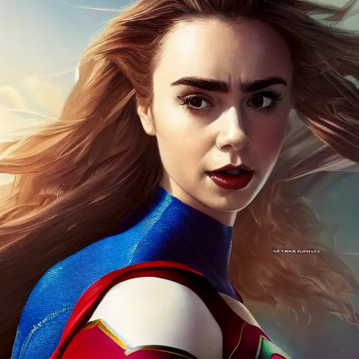Prompt: a potrait of Lily Collins as Supergirl with man of steel suit style, full armory, by Greg Rutkowski, Sung Choi, Mitchell Mohrhauser, Maciej Kuciara, Johnson Ting, Maxim Verehin, Peter Konig, 8k photorealistic, cinematic lighting, HD, high details, dramatic, trending on artstation, full body shot