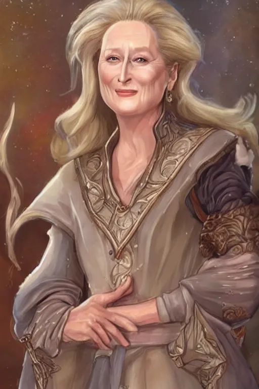 Prompt: meryl streep portrait as a dnd character fantasy art.