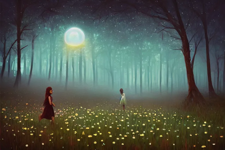 Image similar to giant daisy flowers head, girl walking in dark forest, surreal photography, dark night, stars, moon light, impressionist painting, clouds, digital painting, artstation, simon stalenhag