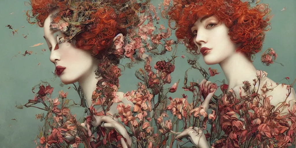 Prompt: breathtaking detailed concept art painting blend of red short curly hair goddesses of flowers by hsiao - ron cheng with anxious piercing eyes, vintage illustration pattern with bizarre compositions blend of flowers and fruits and birds by beto val and john james audubon, exquisite detail, extremely moody lighting, 8 k