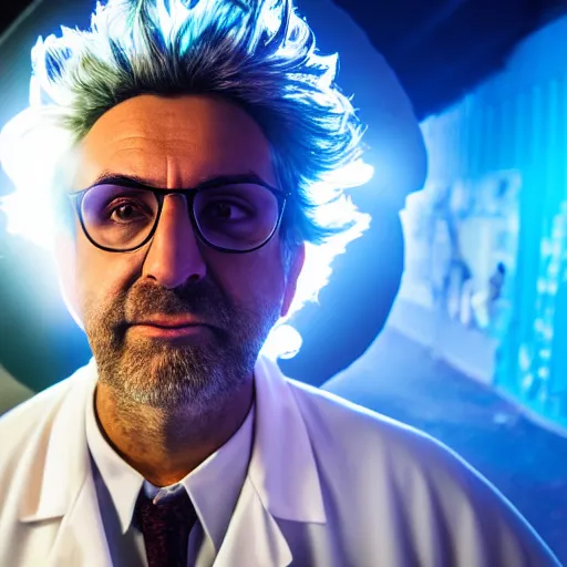 Image similar to portrait of rick sanchez, lab coat and tee shirt, lens flare, atmosphere, glow, detailed, intricate, full of colour, cinematic lighting, 4 k, hyperrealistic, focused, extreme details, cinematic, masterpiece