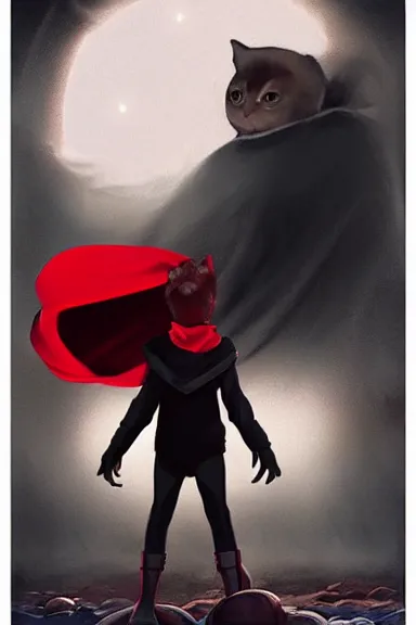 Image similar to little boy with cat ears in an black outfit with red cape. digital artwork made by lois van baarle and norman rockwell and marc simonetti, sharpness focus, inspired by hirohiko araki, anatomically correct, heroic composition, hero pose, smooth