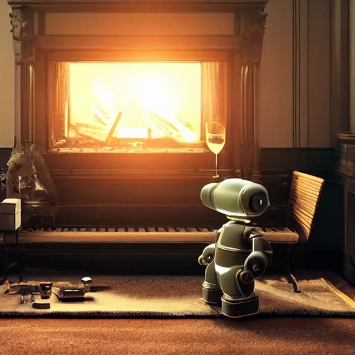 Image similar to Lonely and depressed robot sitting on a couch in front of a large fireplace in a Victorian home in the future. octane render, extremely detailed, cinematic lighting, 8k, lens flare, cinematic movie photograph, closeup portrait, trending on artstation, cgsociety, award-winning art, by Simon Stalenhag.