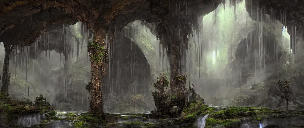 Prompt: a fantasy elven hall interior in the style of a waterfall cave, huge Greek columns, wet floors, high ceiling, dark moody lighting, foggy atmosphere, bright colors, by john howe, octane rendering