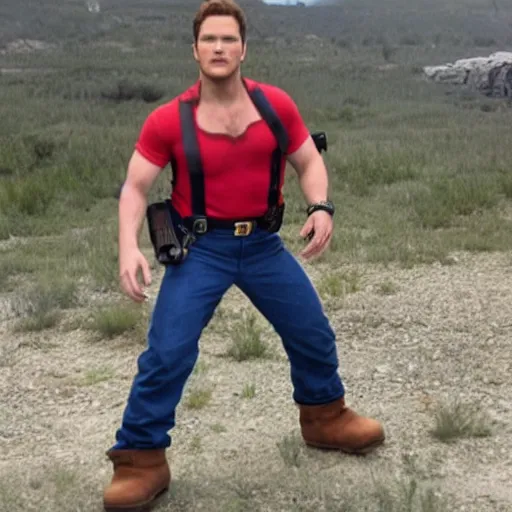 Image similar to chris pratt dressed as mario in a navy seal fire fight