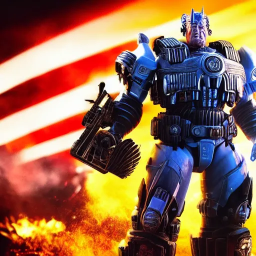 Prompt: donald trump! as optimus prime in ( gears of war ), splash art, maga, patriot, movie still, detailed face, photorealistic facial features, cinematic lighting, dramatic, octane render, long lens, shallow depth of field, bokeh, anamorphic lens flare, 8 k, hyper detailed, 3 5 mm film grain