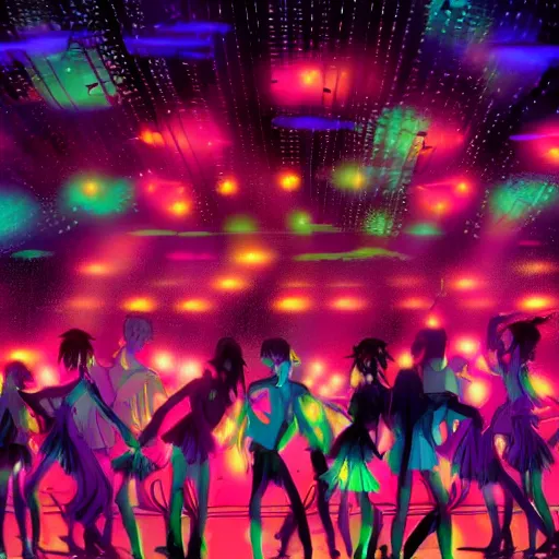 Image similar to dark dancing silhuettes in a dance club, colorful lights, dramatic lighting, a lot of energy, still from an anime by studio ghibli