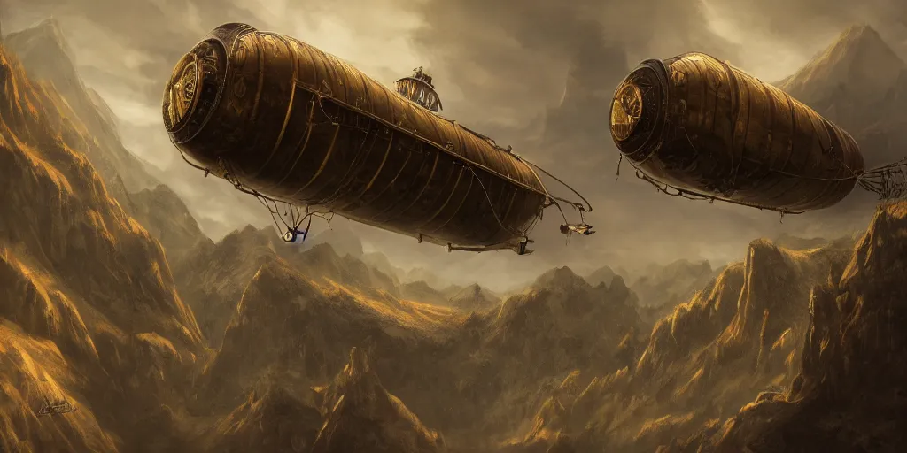 Prompt: a highly detailed matte painting of a golden age steampunk dirigible shuttle from atlantis flying over the mountains, ominous, foreboding, dark, trending on artstation,