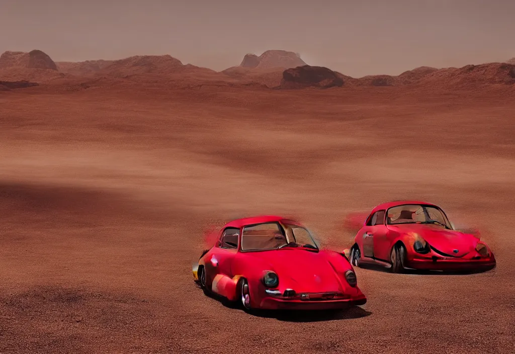 Image similar to “a red porsche 356 is parked in the middle of the desert, a matte painting by Scarlett Hooft Graafland, featured on unsplash, australian tonalism, anamorphic lens flare, cinematic lighting, rendered in unreal engine”