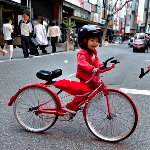 Prompt: tiny cute red dragons riding a bike in the streets of tokyo