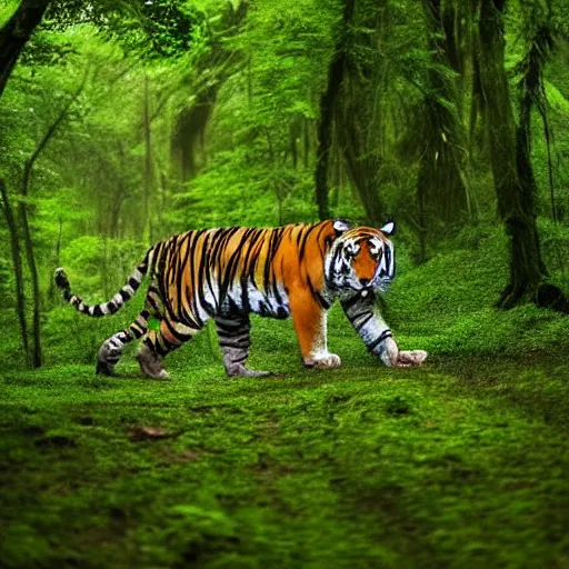 Image similar to a tiger walking through a forest, ultra wide angle, wet very green congo forest, beautiful, hd, intricate detail, majestic, volumetric lighting, ultra realistic, 4 k